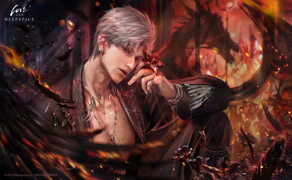 Sylus from Love and Deepspace holding a red crystal flower