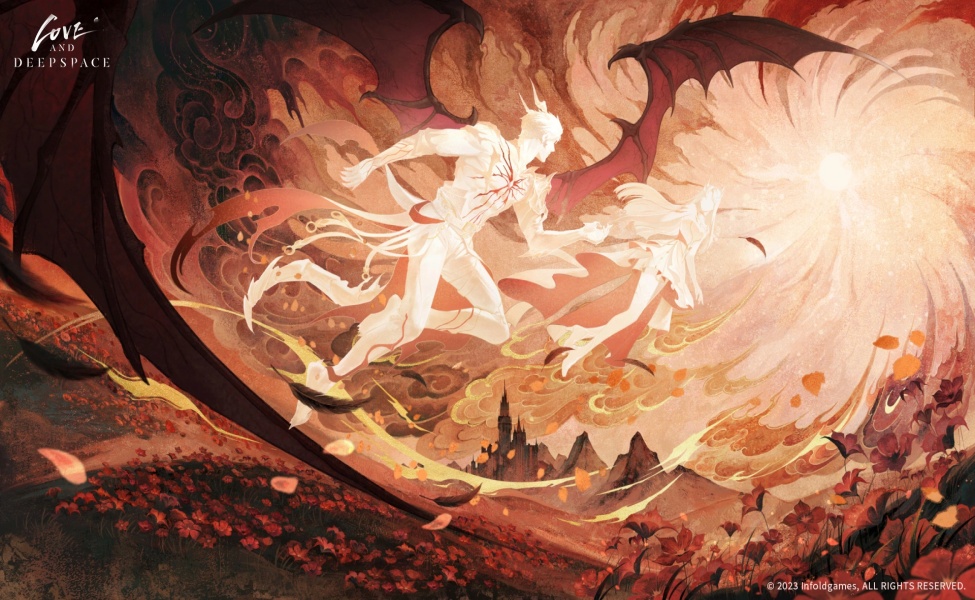 Love and Deepspace Valko artwork showing two glowing figures amid swirling red