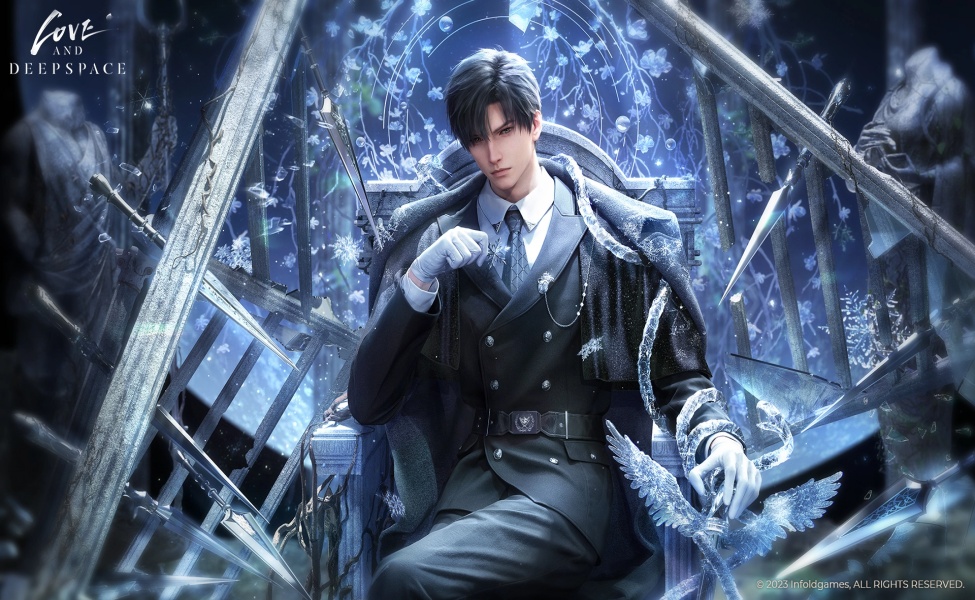 Zayne from Love and Deepspace in a dark suit with ice magic