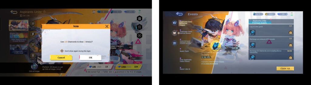 MLBB Aspirants Unite 105 Diamond draw and token claim screen