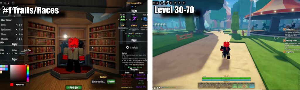 Roblox Grand Blue trait reroll menu and level 30-70 gameplay split screen