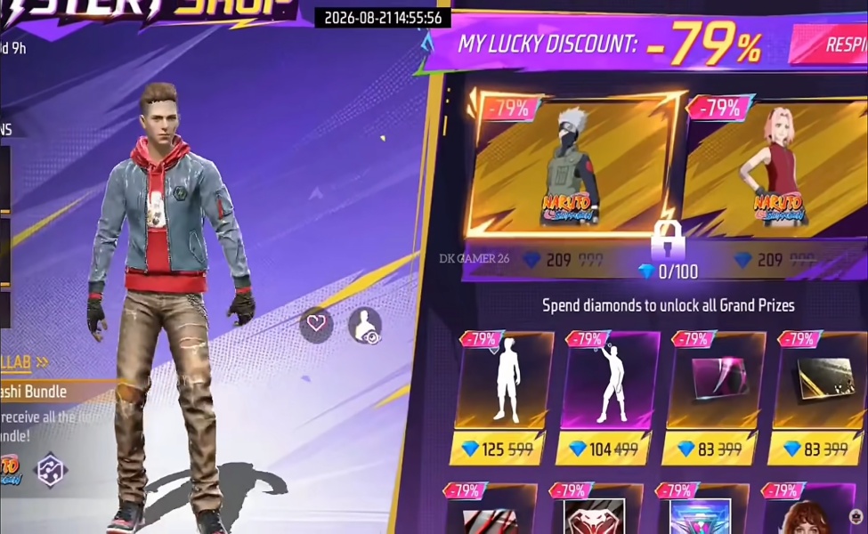 Free Fire Mystery Shop with Kakashi and Sakura bundles at 79% off
