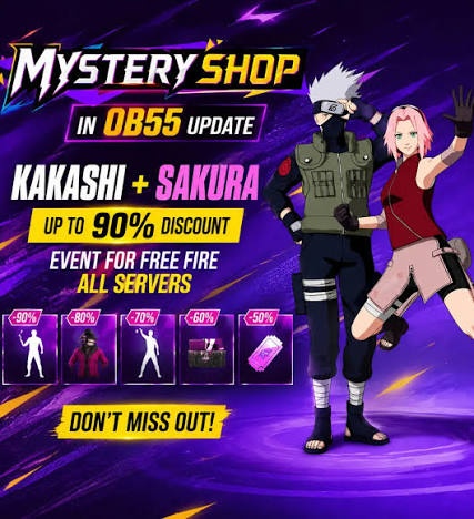 Free Fire OB55 Mystery Shop Kakashi and Sakura skins up to 90% off
