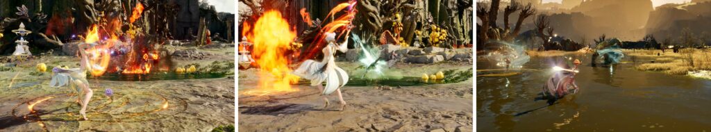 AION 2 aerial combat gameplay with magic effects and environments