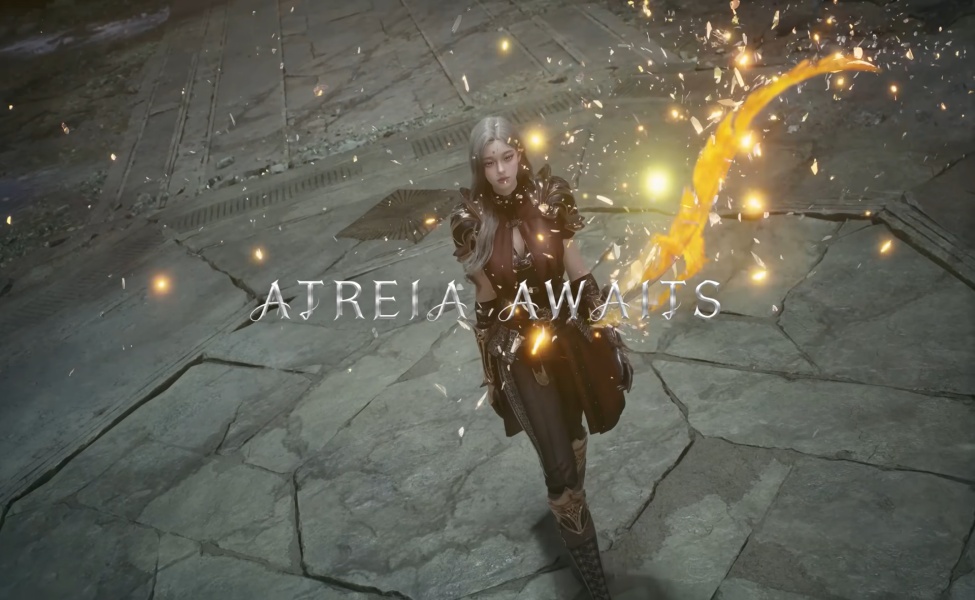 AION 2 trailer screenshot showing a female character with Atreia Awaits text