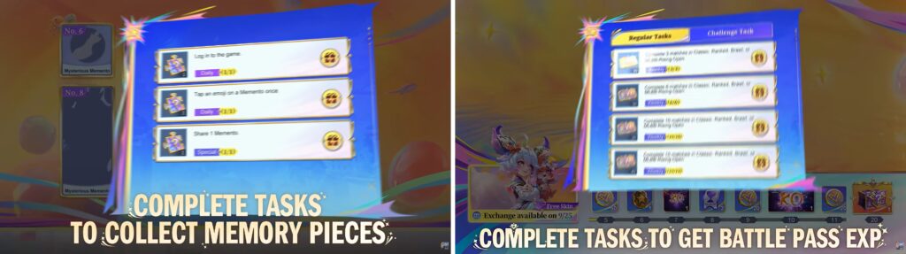 Complete tasks to earn memory pieces and Battle Pass EXP rewards