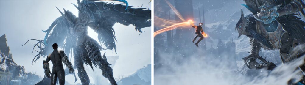 AION 2 gameplay showing a player battling massive ice monsters in a snowy