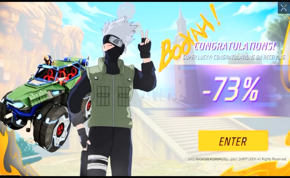 Kakashi bundle reward screen in Free Fire Mystery Shop at 73% off