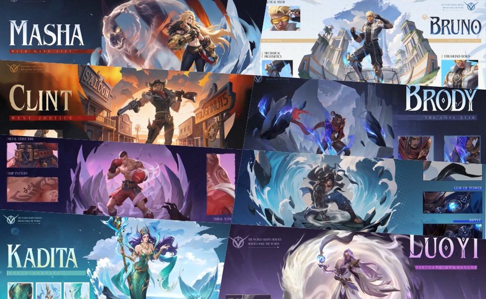 MLBB hero splash arts including Masha Bruno Clint Brody Kadita and Luoyi
