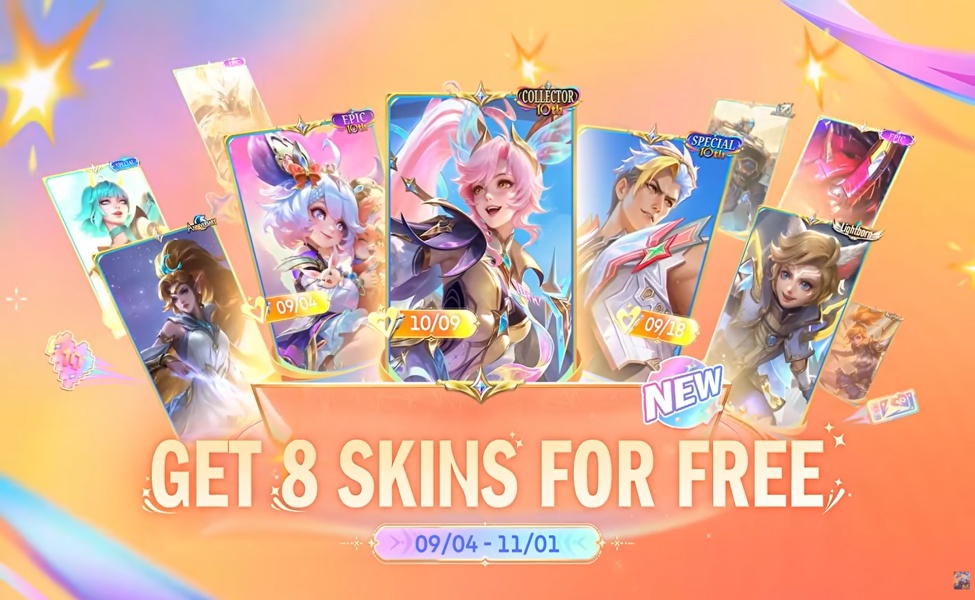 Mobile Legends anniversary event offering 8 free skins from Sept to Nov