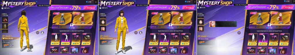 Free Fire Mystery Shop showing Sakura Bundle at 79% discount