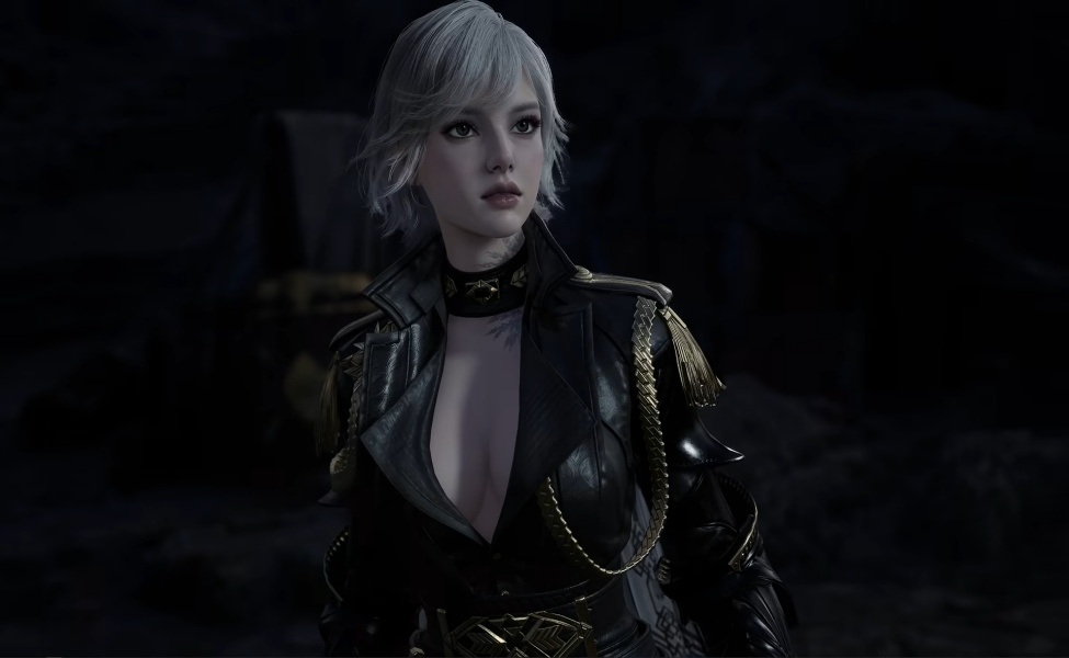 AION 2 female character in dark armor with white hair