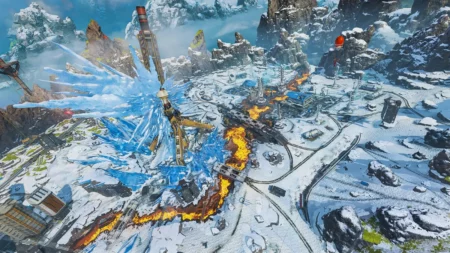 Apex Legends Map Rotation: All Maps Full Guide Aerial view of World's Edge map in Apex Legends showing snowy terrain, landmarks