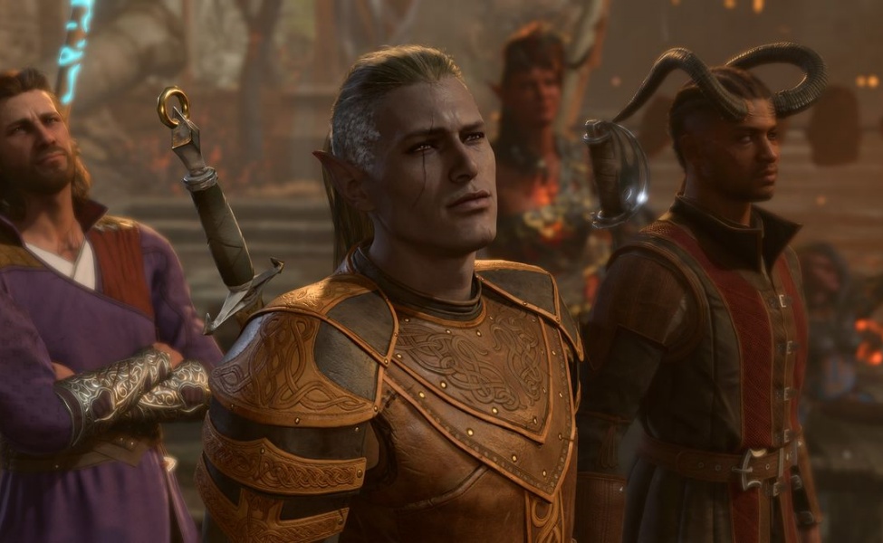 Fantasy RPG characters in ornate armor and robes standing together in a medieval setting