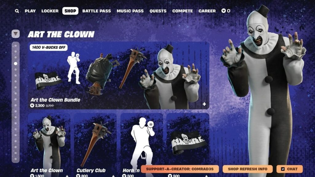 Art the Clown Fortnitemares skin in Fortnite Halloween