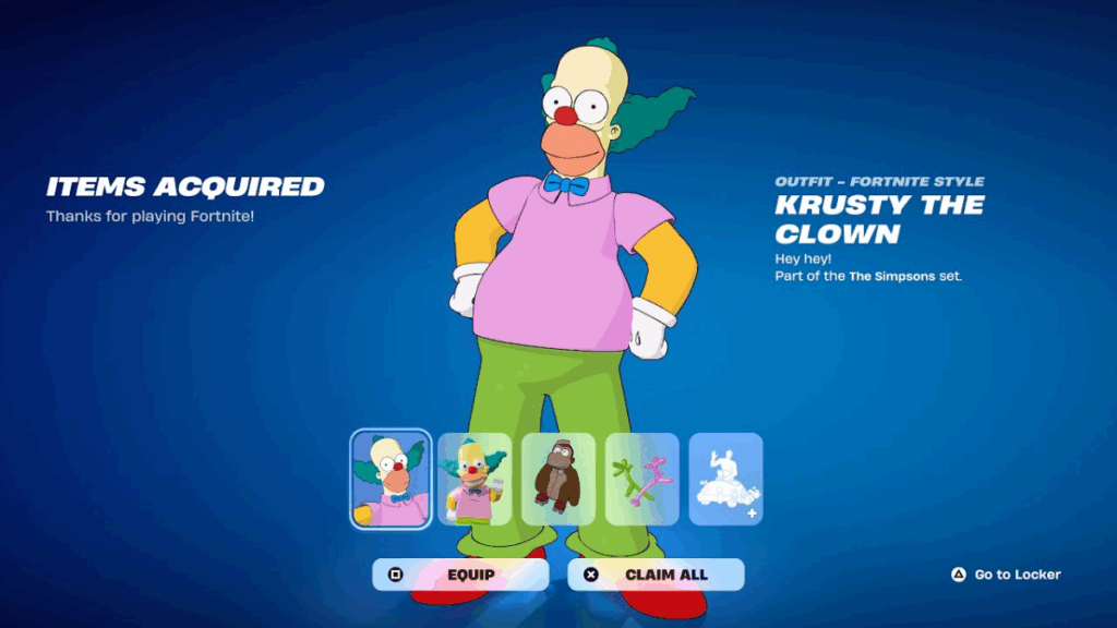 fornite x the simpsons krusty the clown skin