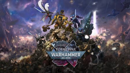 Total War Warhammer 40K promotional artwork featuring armored warriors and battle scene