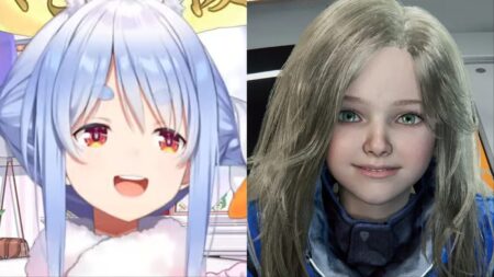 Anime character with lavender hair and red eyes next to 3D rendered girl with gray hair and green