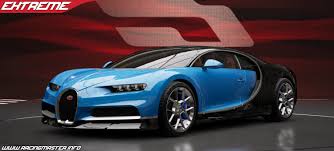 Blue and black Bugatti Chiron hypercar in showroom setting