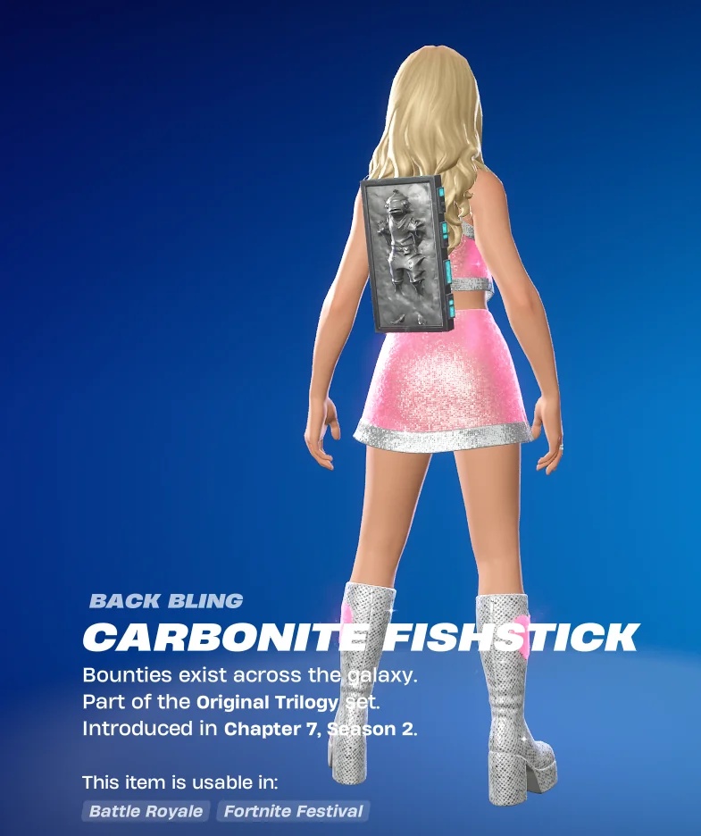 Fortnite Carbonite Fishstick back bling cosmetic item displayed on character model