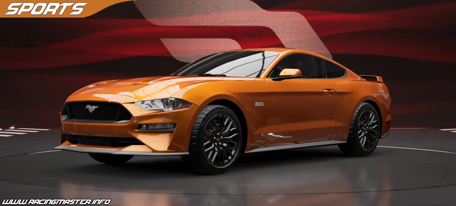 Orange Ford Mustang GT sports car with racing stripes on track