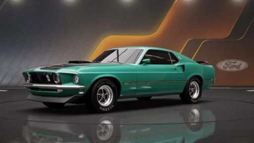 Turquoise Ford Mustang Mach classic muscle car in showroom setting
