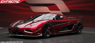 Red Koenigsegg Agera RS supercar with racing stripes in profile view