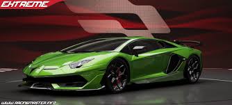 Bright green Lamborghini Aventador SVJ supercar parked in showroom setting