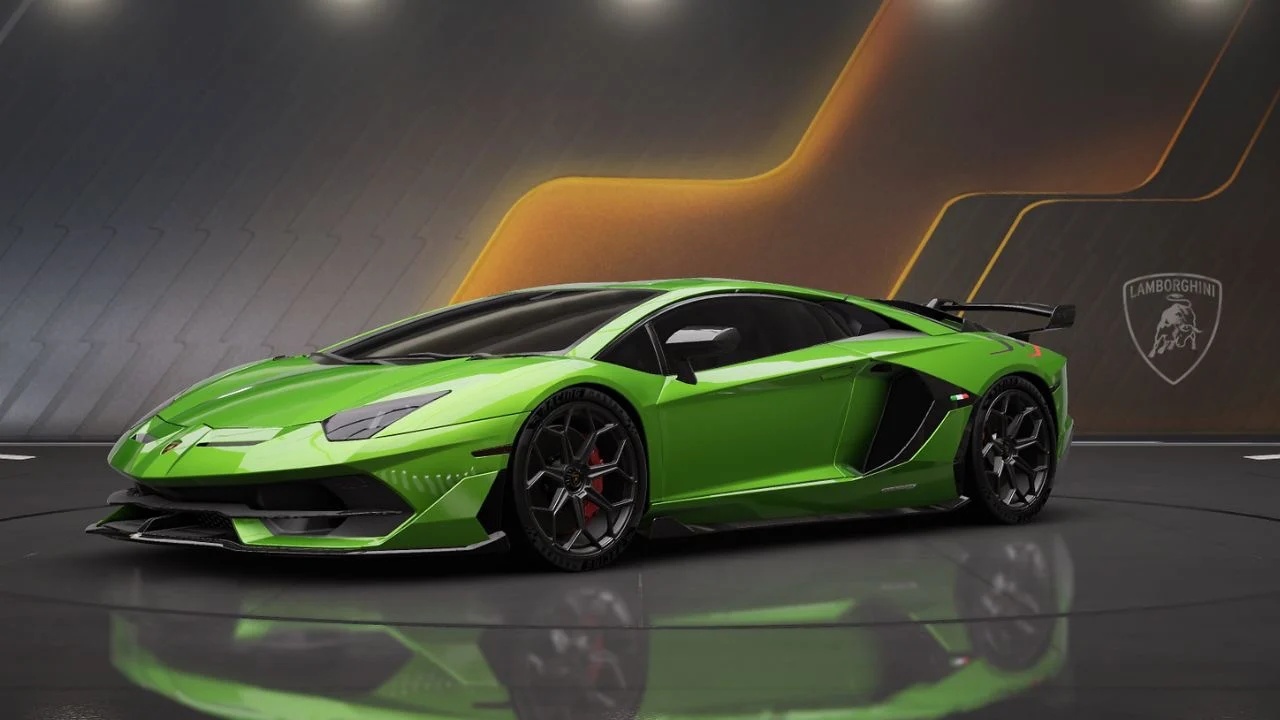 Bright green Lamborghini supercar with open scissor door and aggressive aerodynamic design