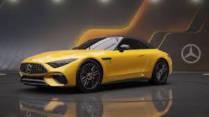 Yellow Mercedes-AMG SL convertible sports car in showroom setting