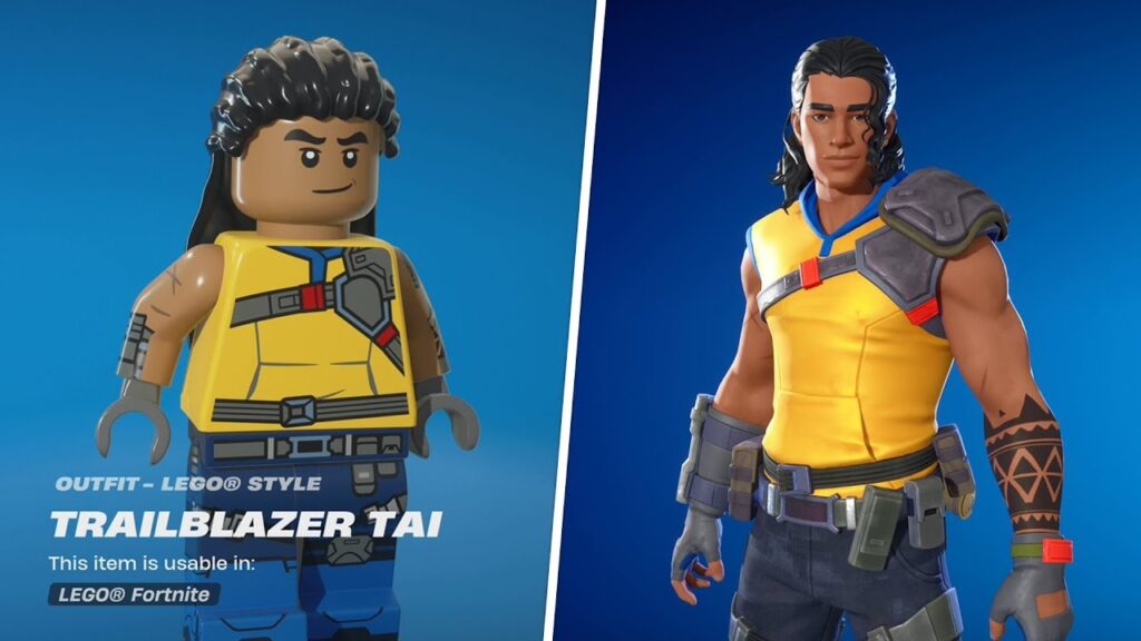 Trailblazer Tai skin outfit in LEGO style and realistic Fortnite game appearance with yellow vest