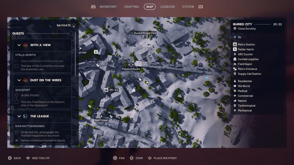 Arc Raiders Buried City map showing supply drop locations and quest markers