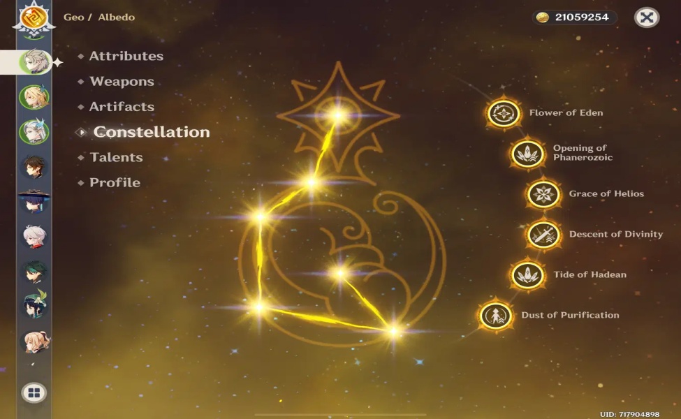 Albedo constellation menu displaying six Geo abilities in Genshin Impact