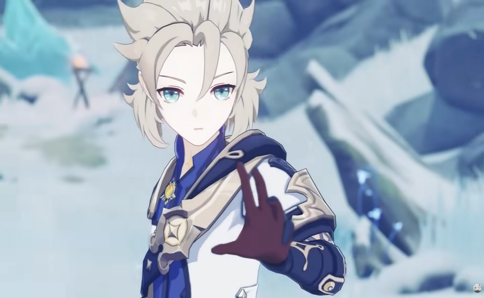 Albedo character portrait from Genshin Impact with blue and white outfit against snowy background
