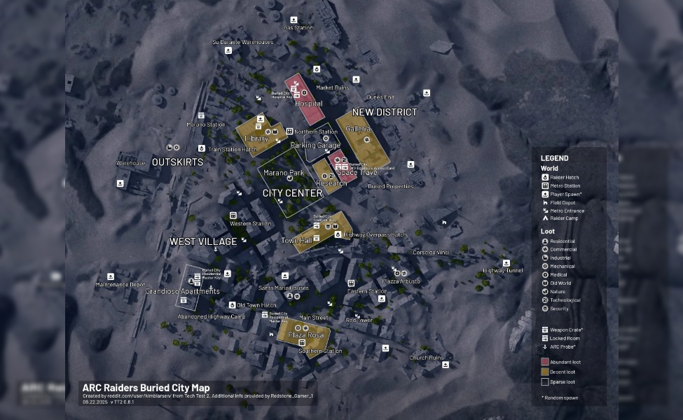 ARC Raiders Buried City map showing all 9 supply drop locations and call stations