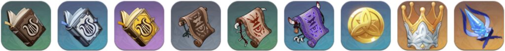 Albedo talent upgrade materials including scrolls, books, coins, and gem stones in Genshin Impact