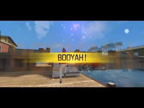 Free Fire game screenshot showing BOOYAH text overlay on tropical map