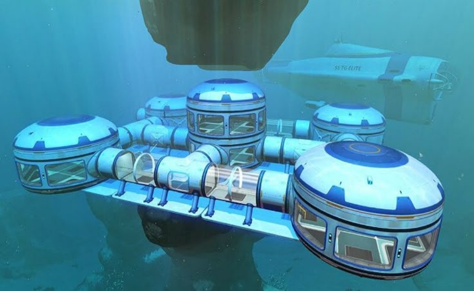 Underwater base with domed habitat modules and connecting tunnels in Subnautica