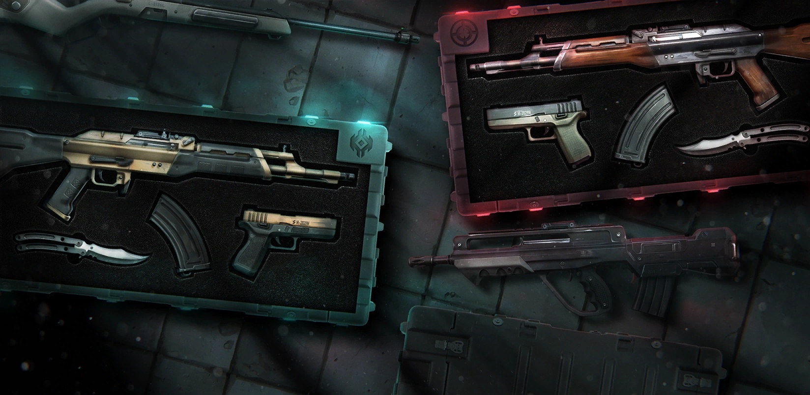 Valorant Night Market weapon bundles displayed in storage cases with rifles, pistols