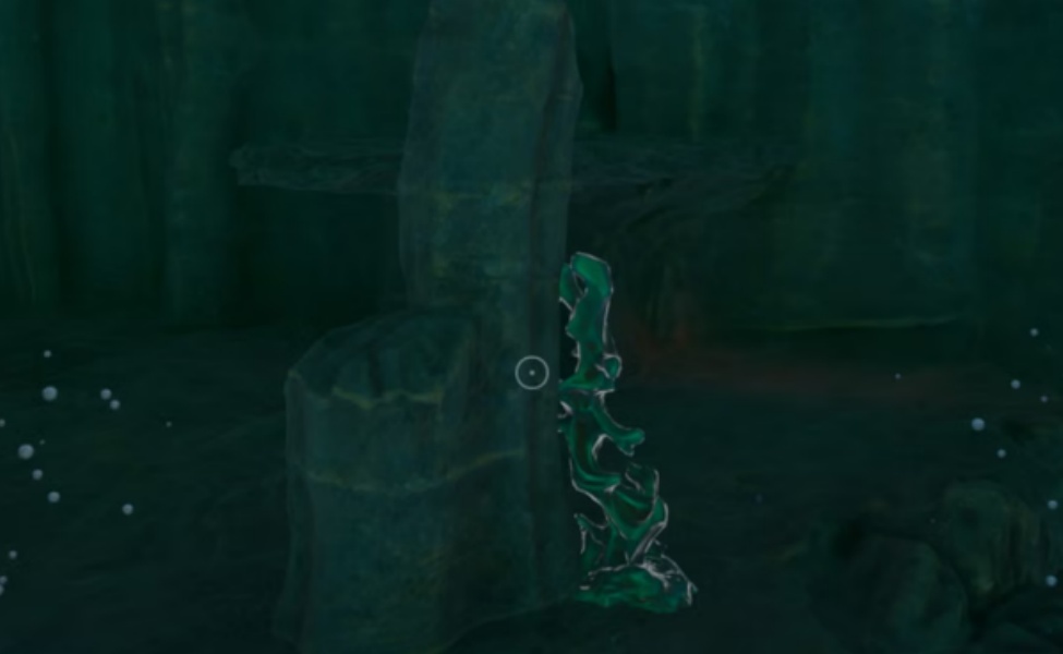 Glowing conduit crystal specimen in underwater alien ruins environment