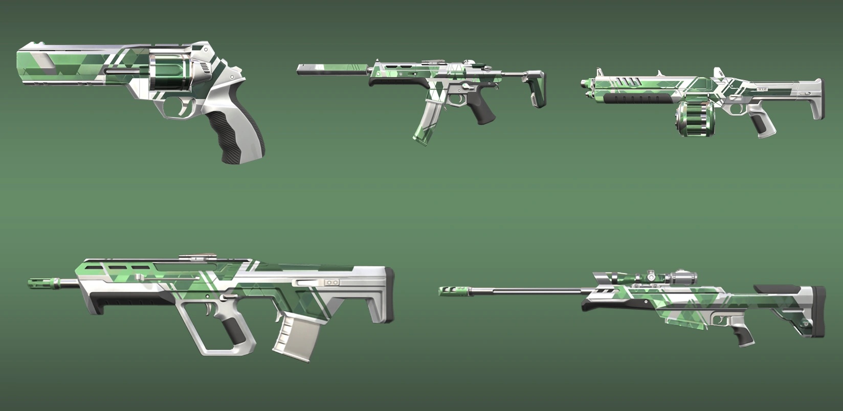 Valorant weapon skins featuring green and white design from Night Market collection