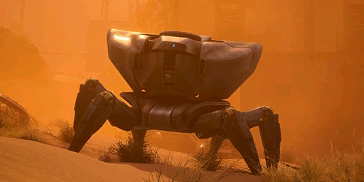 Arc enemy crawler emerging from sand dunes in orange dust storm