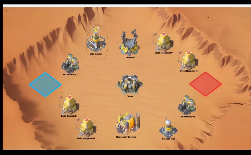 Desert storm map layout showing multiple buildings and resource locations in Last War Survival