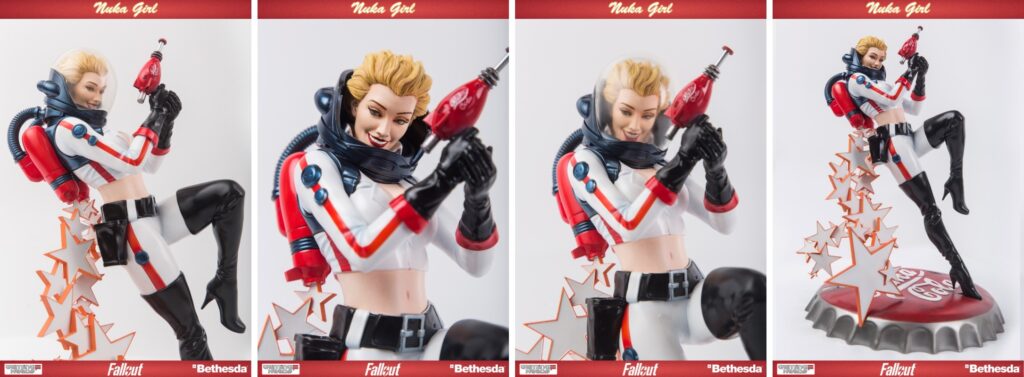 Nuka Girl statue figure in red and white outfit holding Nuka-Cola bottle from Fallout