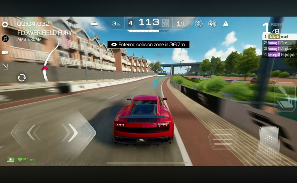 Red sports car racing through Amsterdam street circuit in Racing Master gameplay