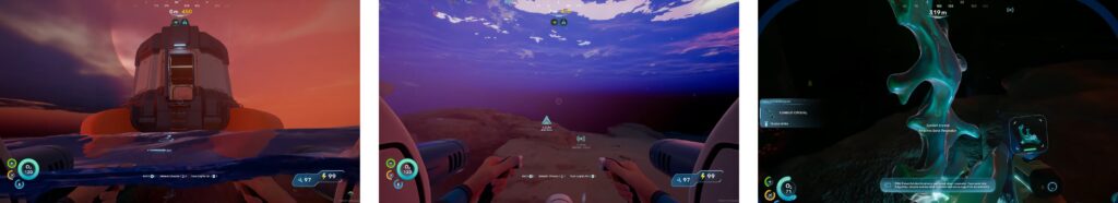 Player exploring alien ruins with bioluminescent crystals in Subnautica 2 underwater environment