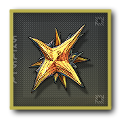 Golden star-shaped object with radiating points on dark grid background