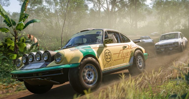 Rally car racing through dusty forest terrain in Forza Horizon 6 gameplay
