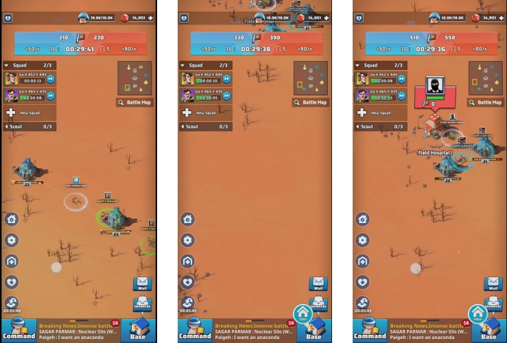 Desert Storm battle strategy map showing nuclear silo locations and squad positioning in Last War