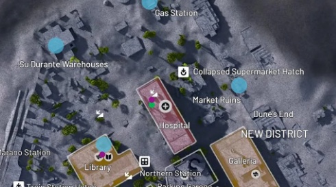 Buried City map showing gas station and supply drop locations in Arc Raiders